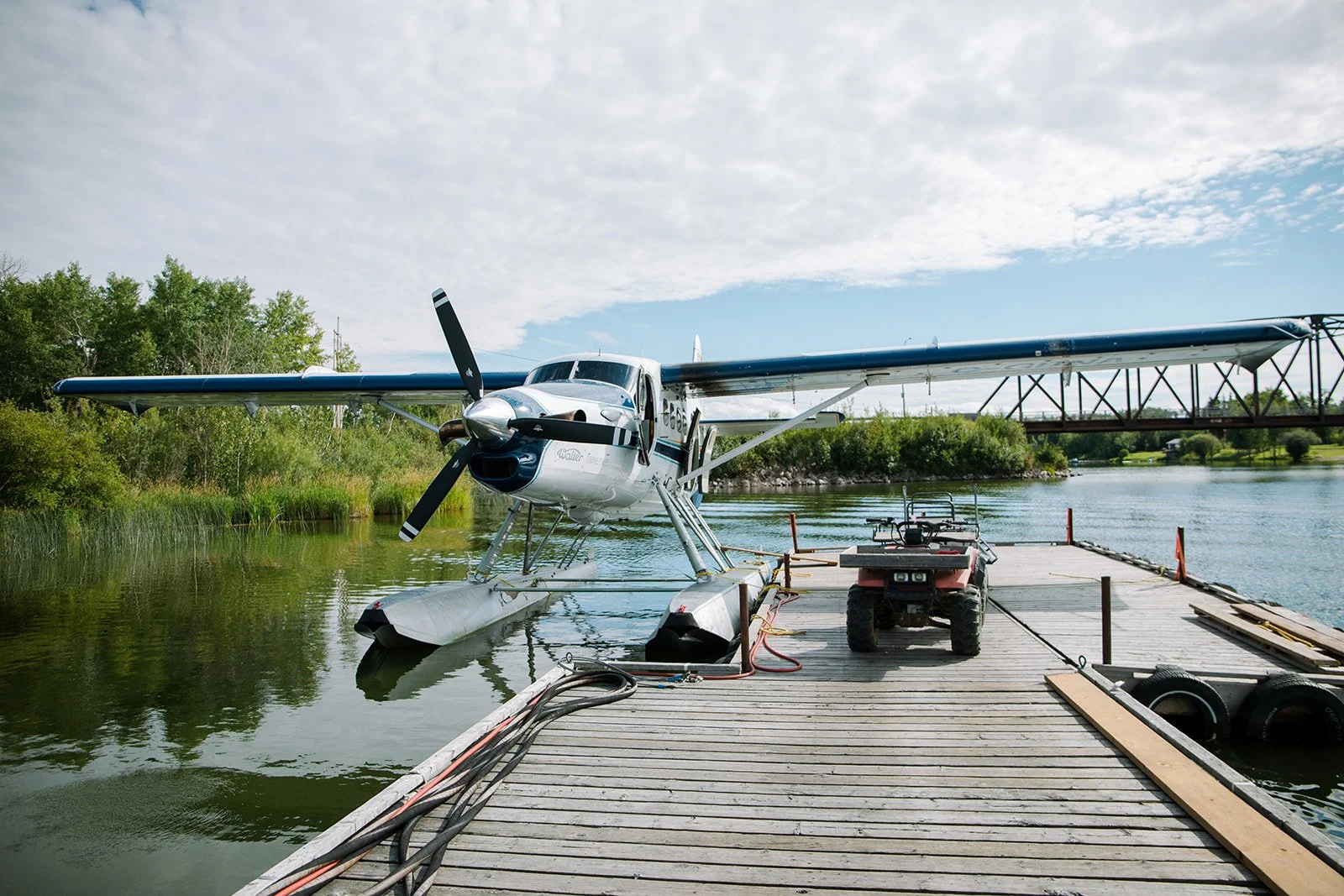 A Voyage Air float plane sits on Churchill Lake in Buffalo Narrows after unloading its passengers