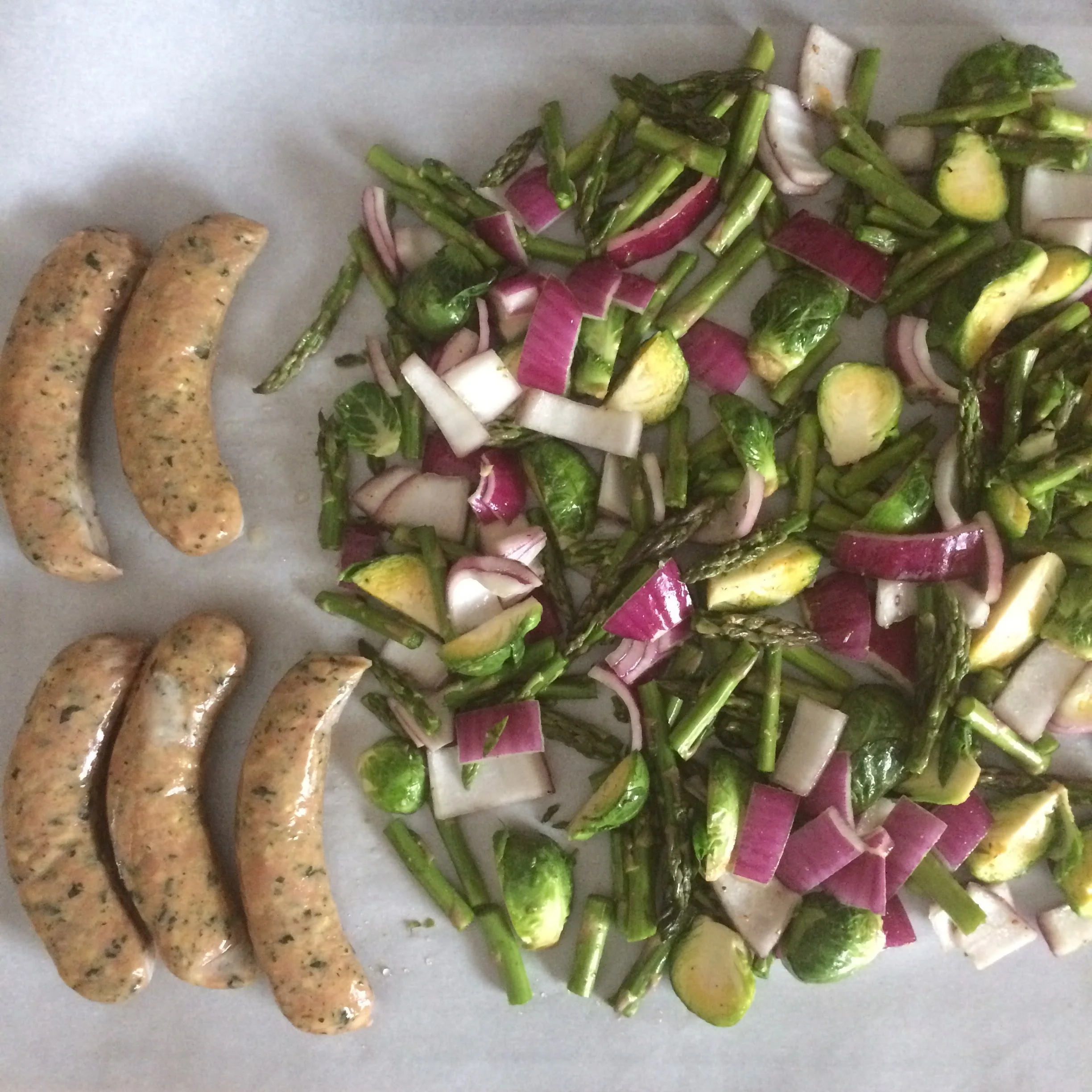 Dinner all on one pan. In the oven on 350 for 20 minutes. Veggies just have coconut oil, salt and peeper on them. 