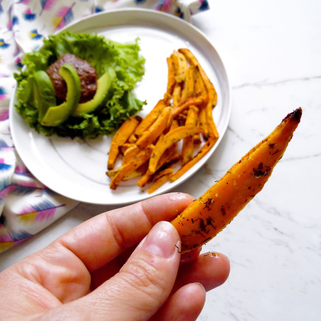 Bunless burger with ranch sweet potato fries, this paleo dinner is to die for!