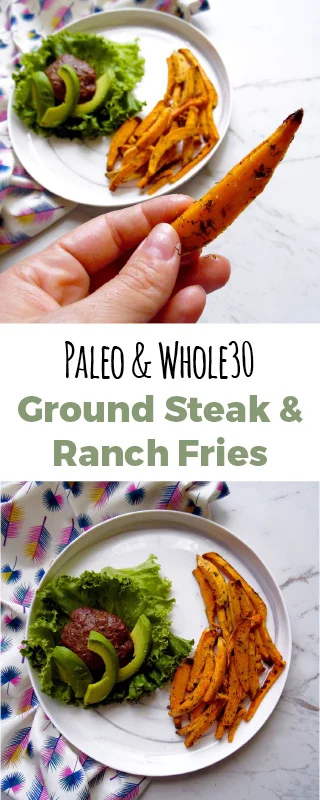 Bunless burgers with ranch style sweet potato fries. This one pan dinner takes thirty minutes to make.