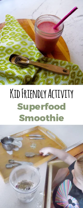 Get in the kitchen with your kids and make this fun superfood smoothie. Using every measuring spoon you got! #paleo #superoodsmoothie