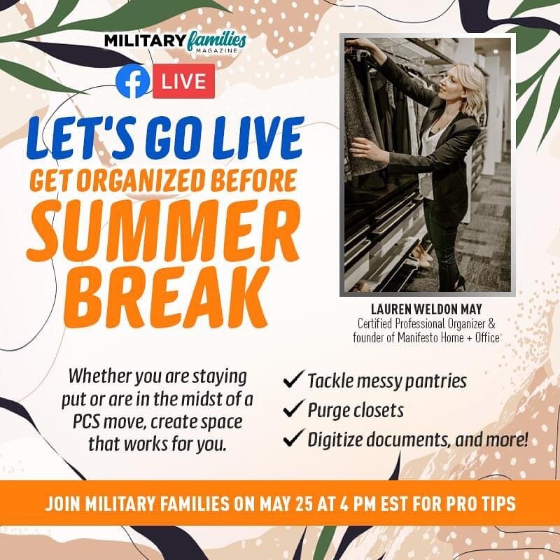 I went live today with @militaryfamiliesmagazine talking about all things PCS season, preparing for summer craziness, and organizing in general. Catch the replay on the Military Families Magazine Facebook page and drop comments on the video there to 