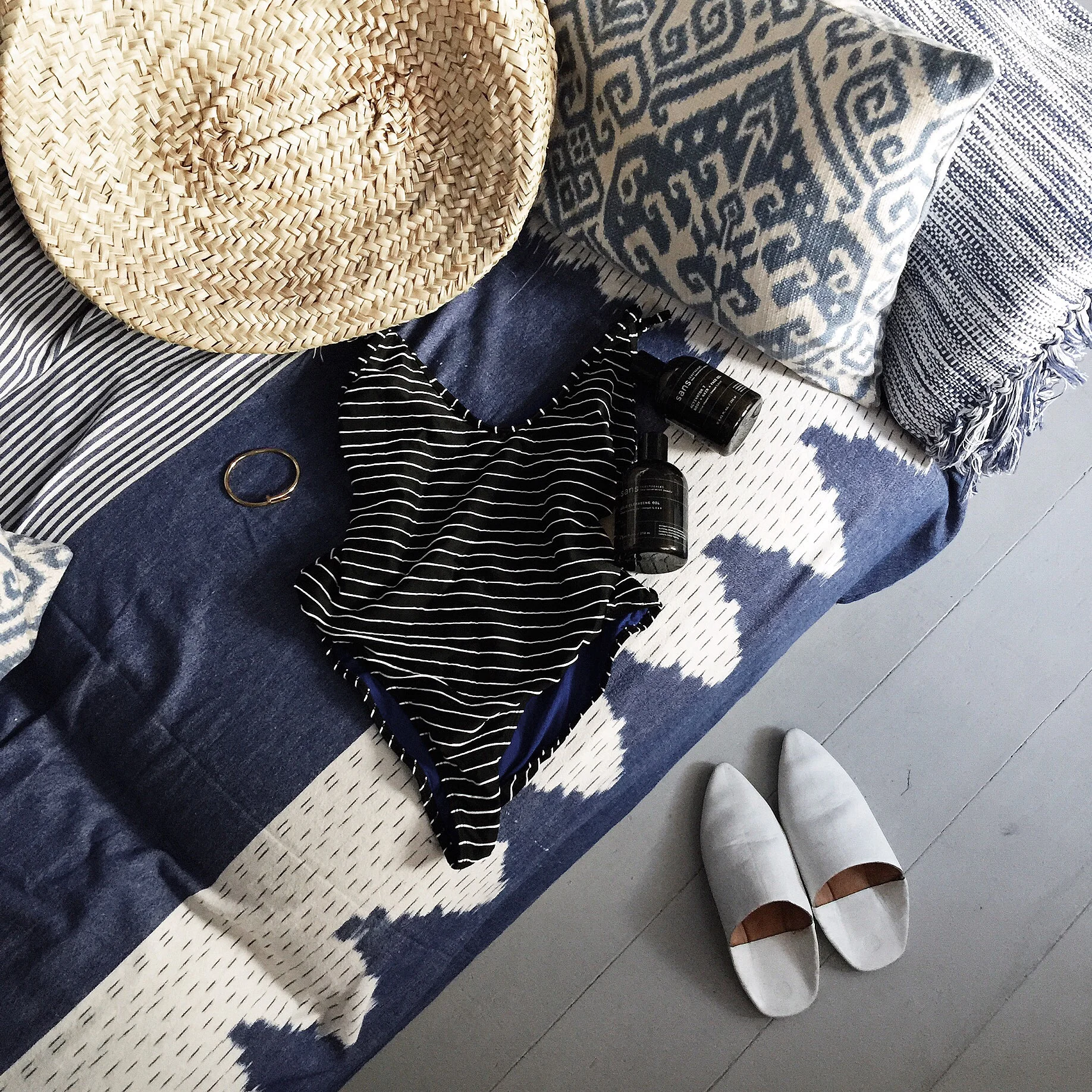 home goals at our super cute beachspoke villa, shoutout to my fave bower swimsuit and sansceutical nontoxic beauty line and mah babouche slippers that one of my super cool brothers brought me home from morrocco