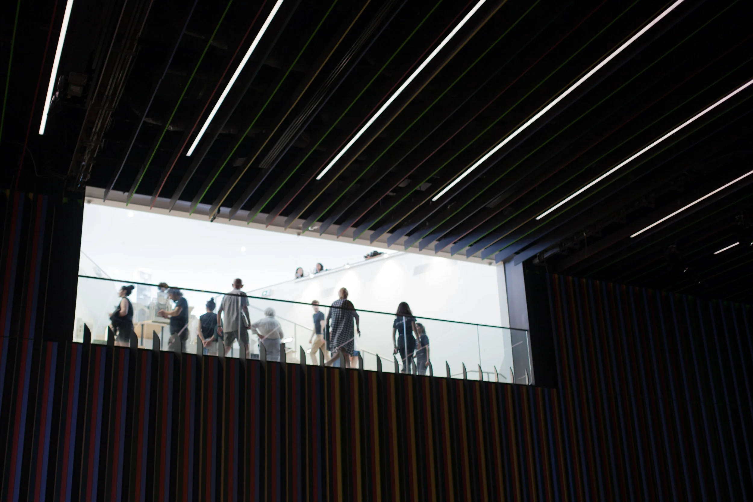 There is a viewing area that allows spectators to look into the auditorium from the upper level of the building.