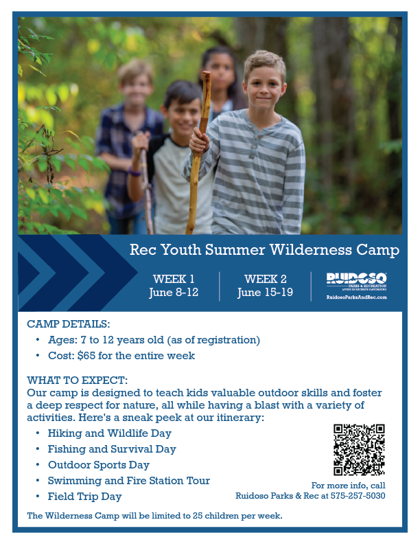 Promotional event flyer for 2026 Rec Youth Summer Wilderness Camp – Week 2 (June 15–19) in Ruidoso, NM