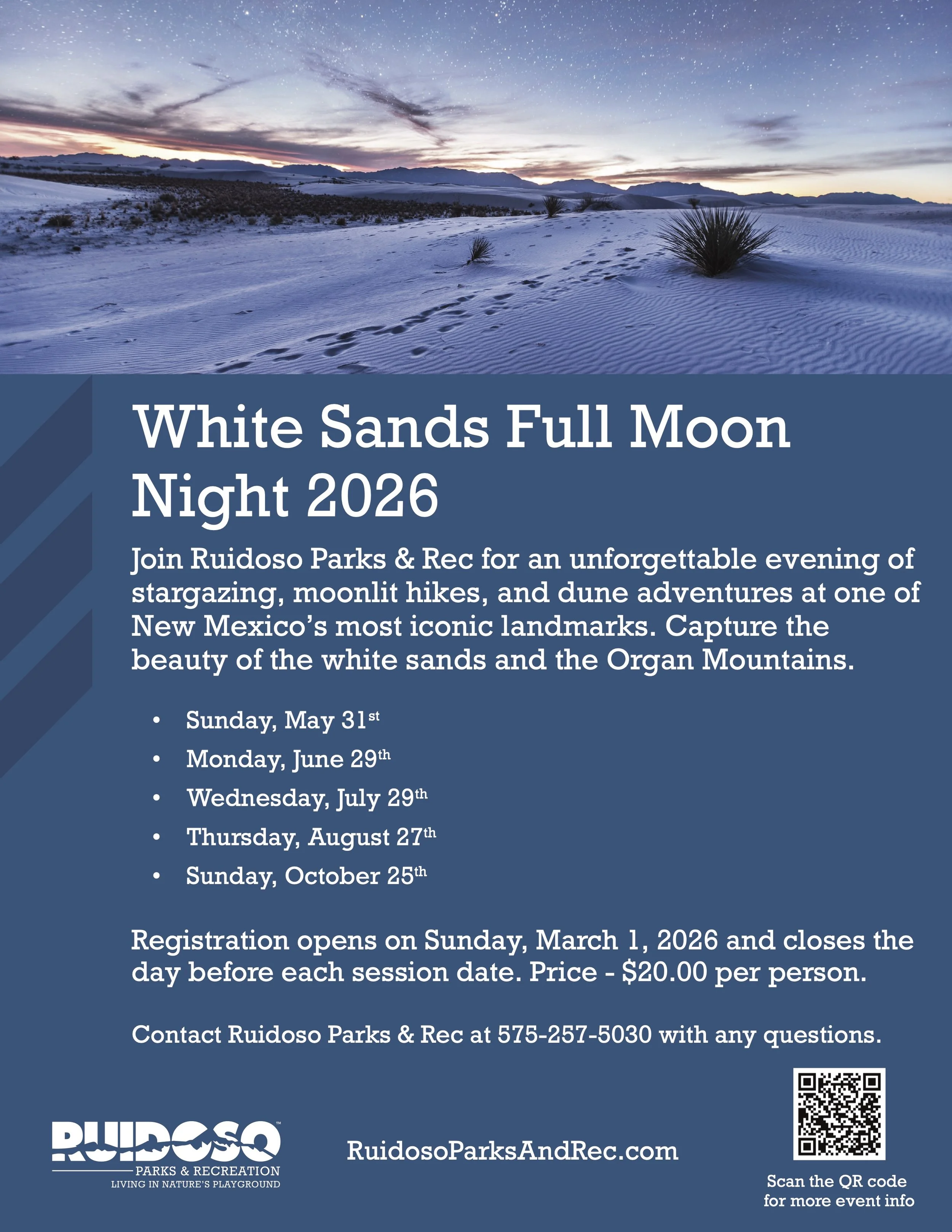 Promotional event flyer for White Sands Full Moon Nights 2026 with Ruidoso Parks and Recreation
