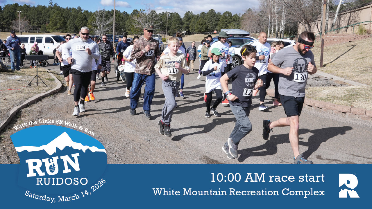 Promotional event graphic for The Links 5K Run and Walk on March 14, 2026, at White Mountain Recreation Complex in Ruidoso, NM
