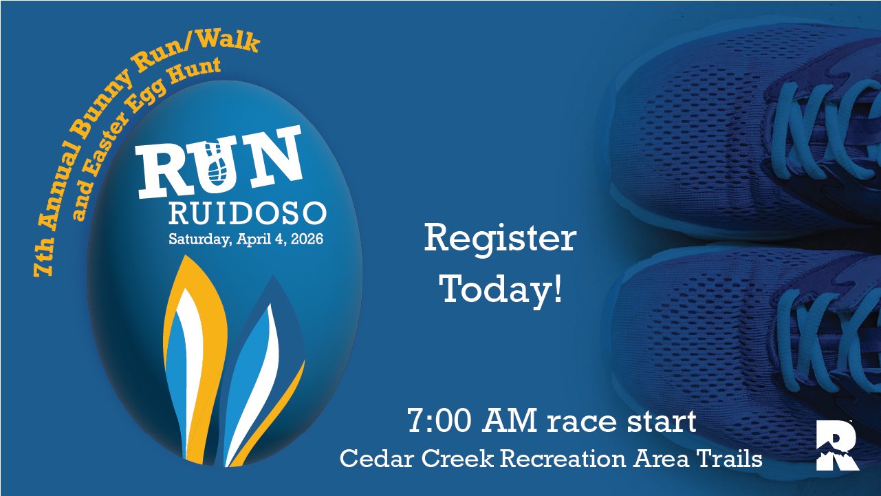 Promotional event graphic for 7th Annual Bunny Run/Walk 5k at Cedar Creek Recreational Trails on April 4, 2026, at 7AM in Ruidoso, NM