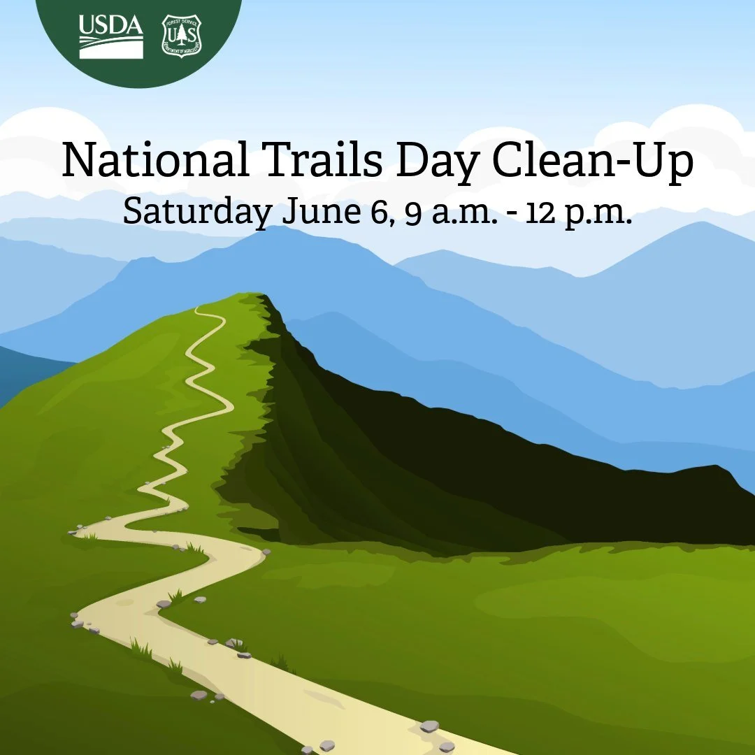 Illustrated promotional graphic for National Trails Day Clean-Up featuring a winding mountain trail with event details for a community trail clean-up hosted by the U.S. Forest Service.