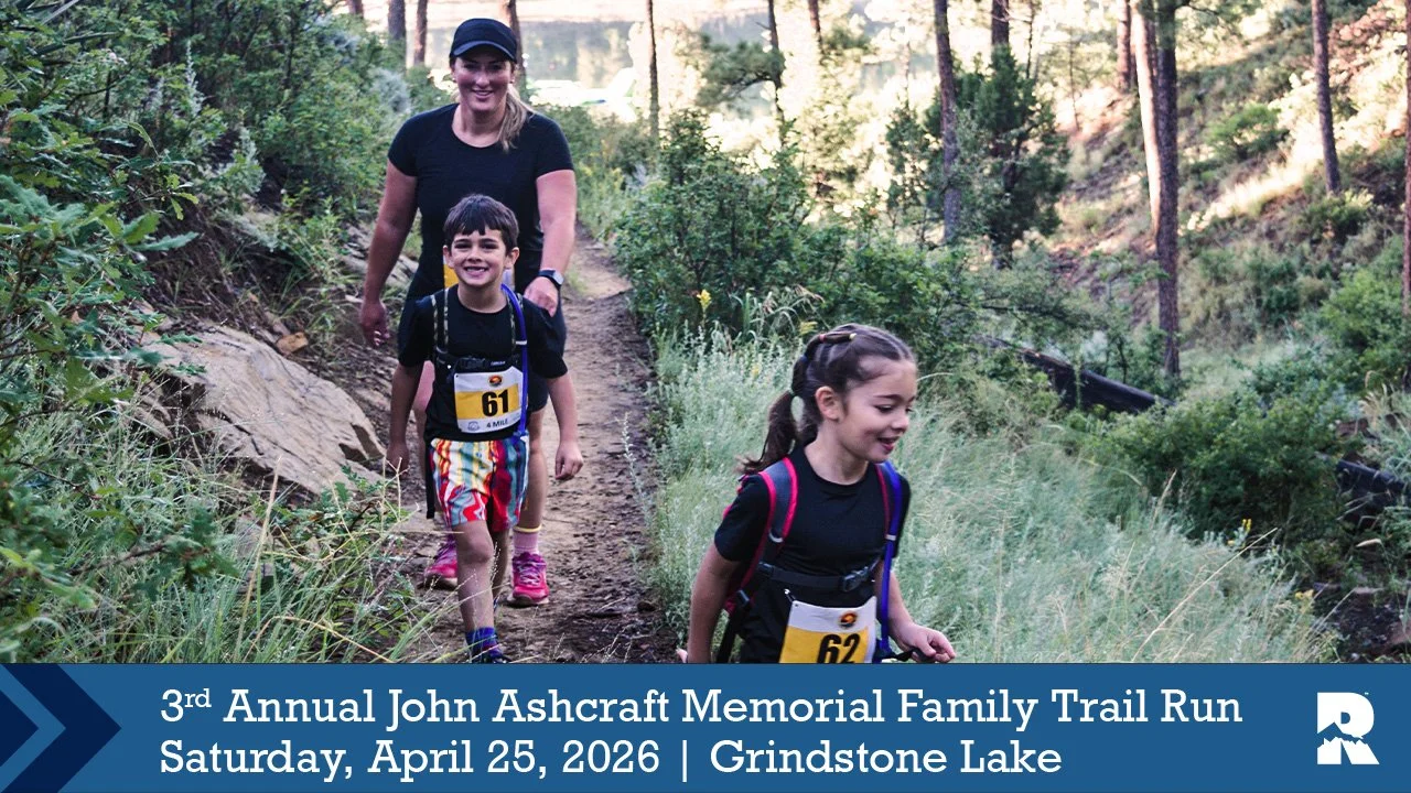 Promotional event graphic for 3rd Annual John Ashcraft Memorial Family Trail Run on April 25, 2026, at Grindstone Lake Trails in Ruidoso, NM
