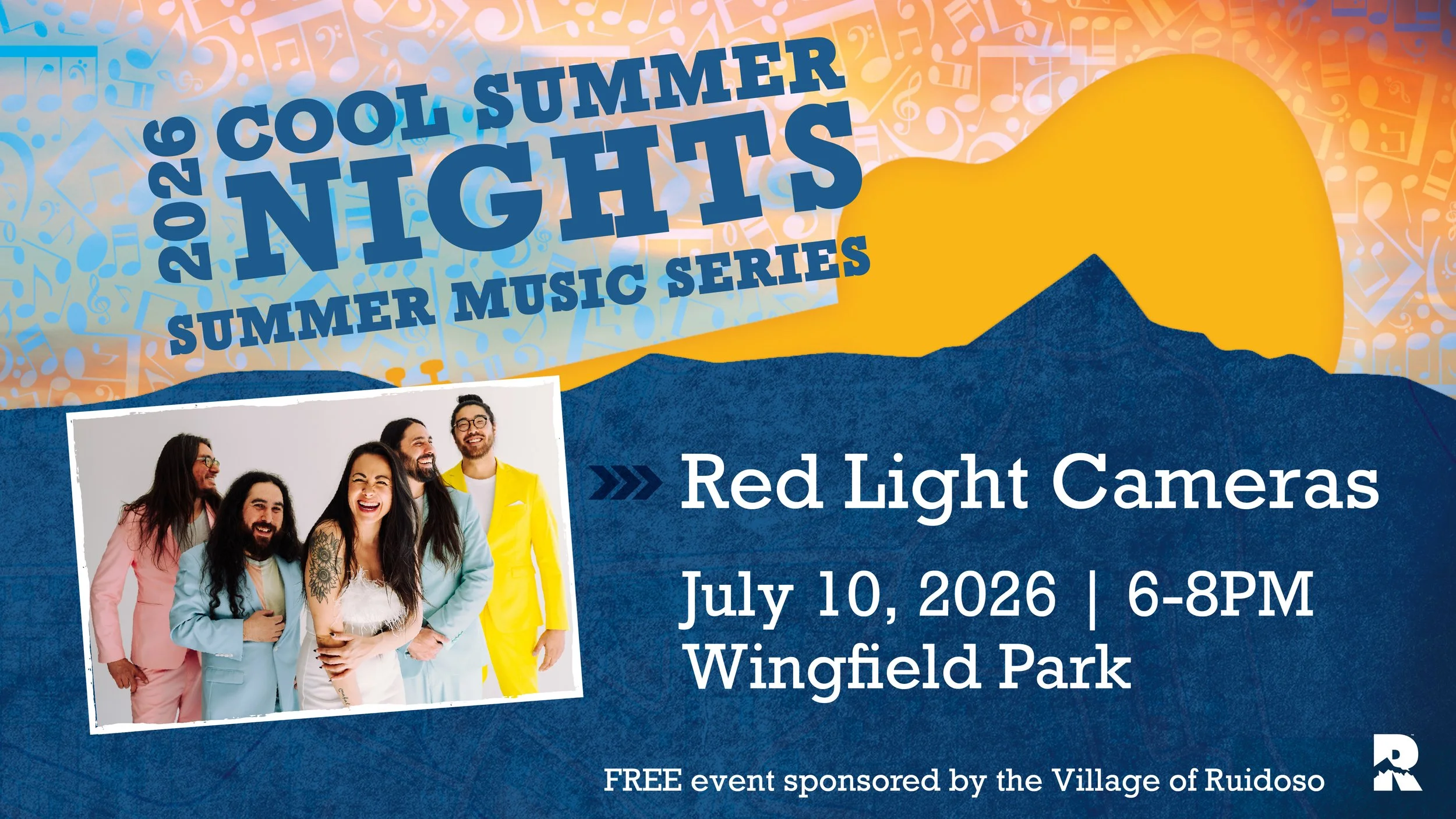 Promotional graphic for the 2026 Cool Summer Nights Summer Music Series featuring Red Light Cameras performing on Friday, July 10, 2026, from 6:00–8:00 PM at Wingfield Park in Ruidoso.