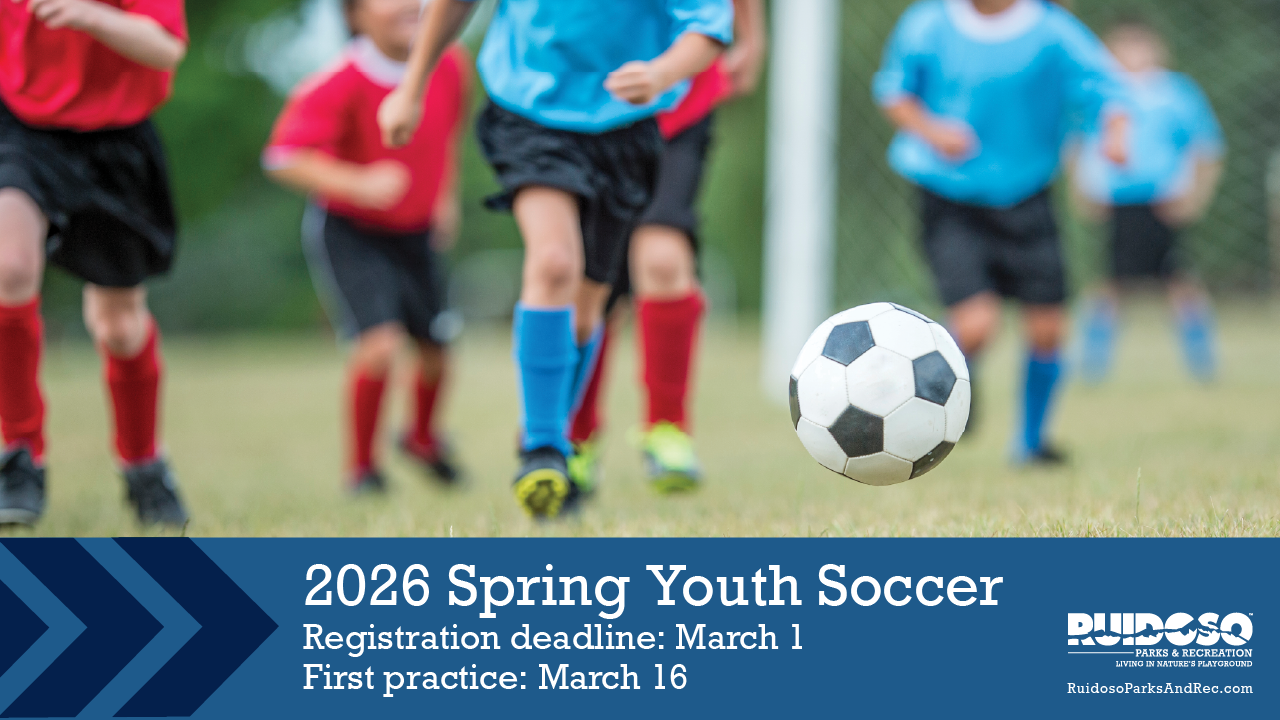 Promotional program graphic for Spring Youth Soccer registration in Ruidoso, NM