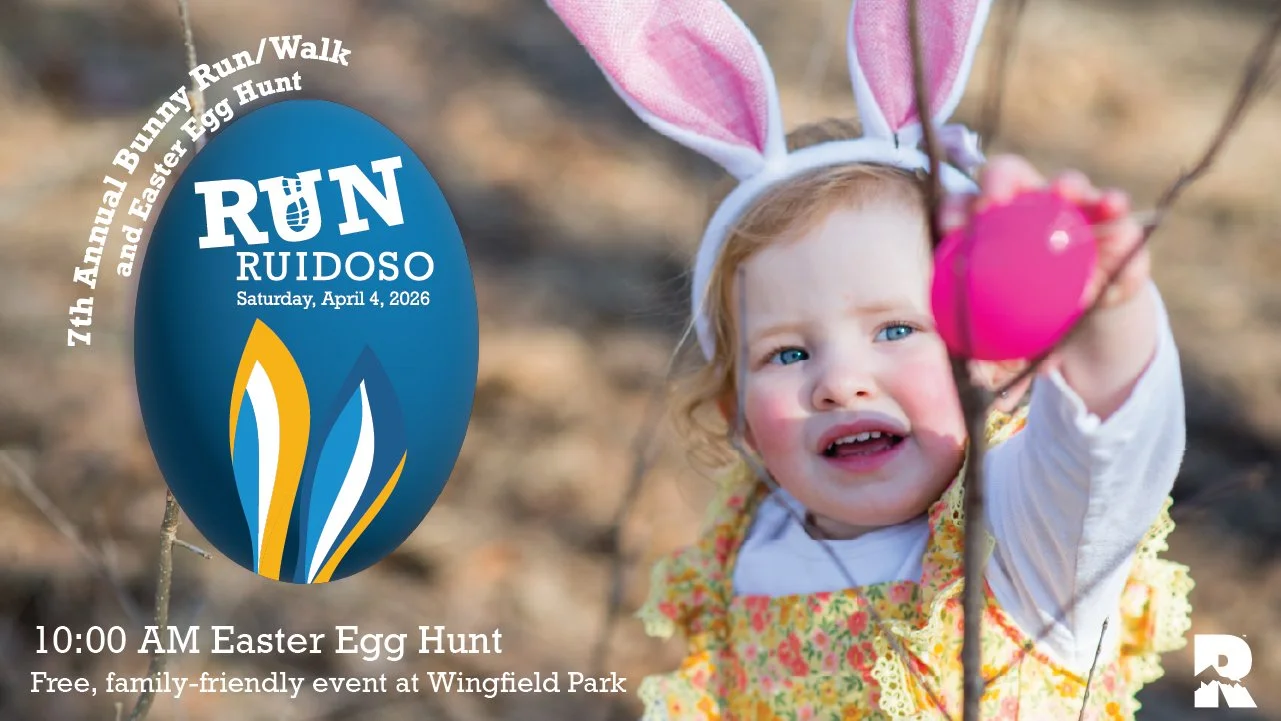Promotional event graphic for the Annual Easter Egg Hunt on April 4, 2026, at 10 AM at Wingfield Park in Ruidoso, NM