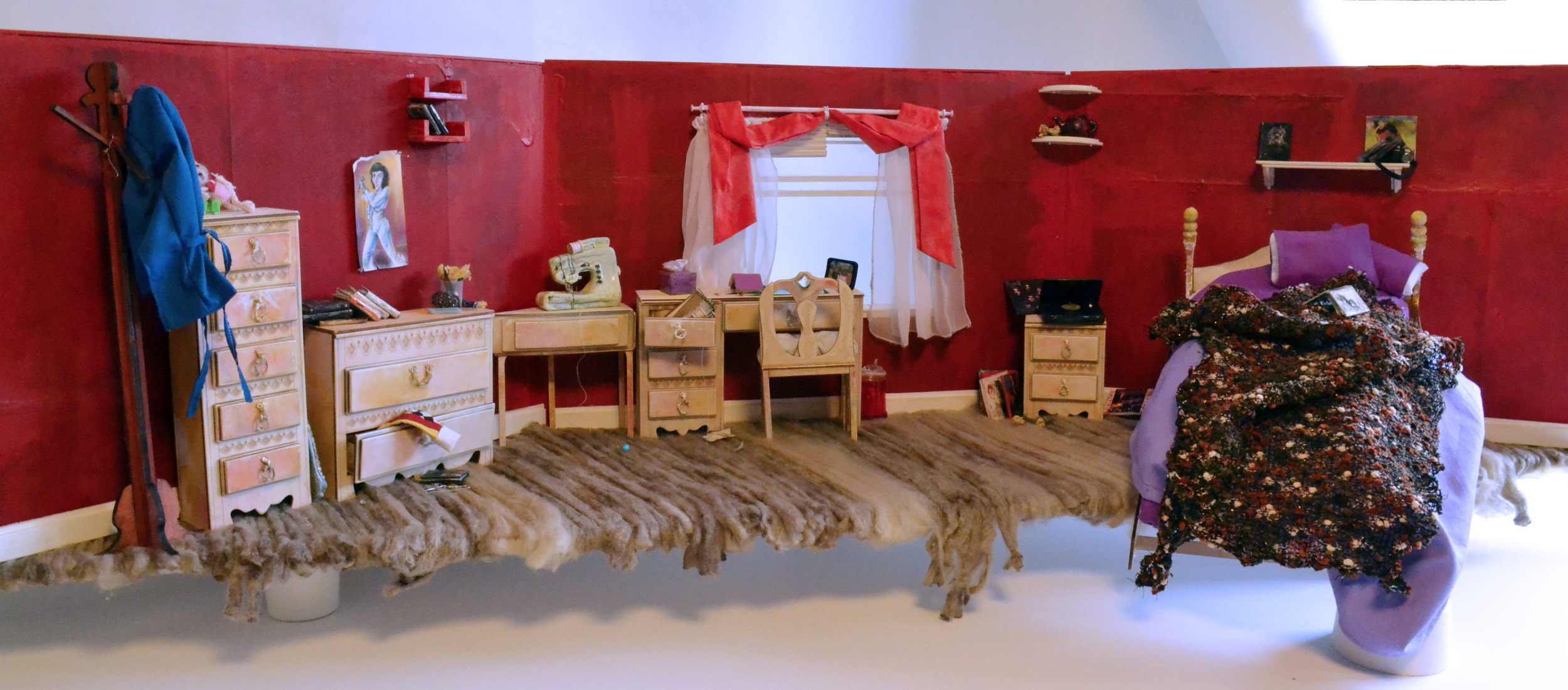  Stop motion, panoramic style bed room set.&nbsp;  All objects are handmade and are inspired by the objects within my own room.&nbsp;  Wood furniture and shelves are laser- cut and hand painted. 