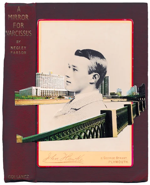 A Mirror for Narcissus 2016 Found photograph and old postcard collage on book cover SOLD