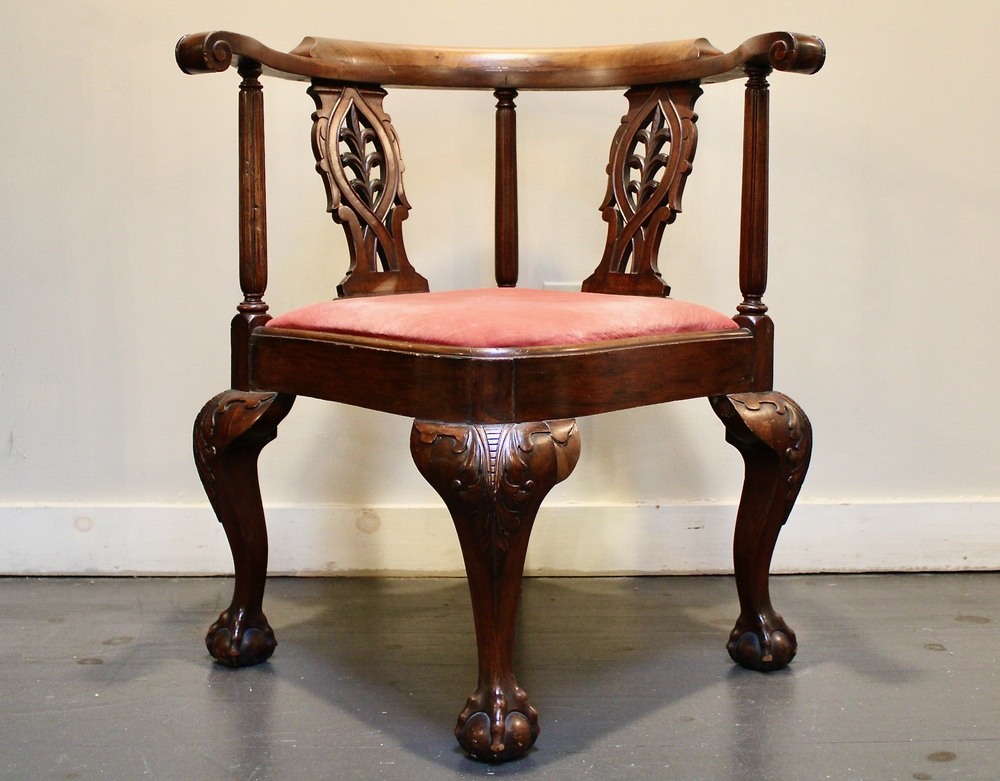 Chippendale Ball & Claw Foot Corner Chair in mahogany w/ velvet