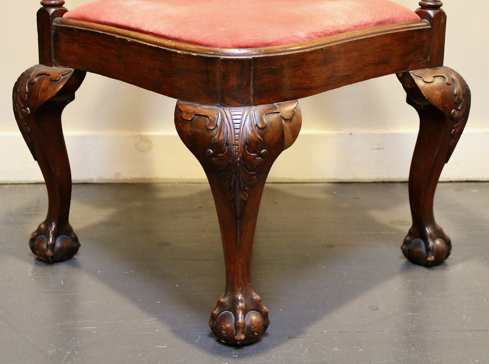 Chippendale Ball & Claw Foot Corner Chair in mahogany w/ velvet