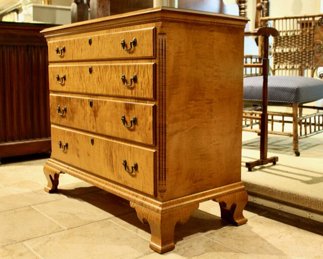 Classic Leonards Chippendale Style 4 Drawer Chest in Tiger Maple