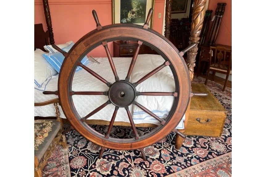 10 Spoke Ship's Wheel in Mahogany with Double Band of Holly Inlay on Outer Ring, 19th Century</p> SKU: LA-651<p> </p><p>