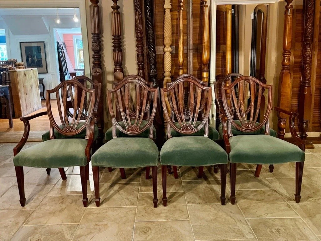 Set of 8 Hepplewhite Shield Back Chairs in Mahogany with Velvet Upholstered Seats, 2 Arms & 6 Sides</p> SKU: SO071724<p> </p><p>