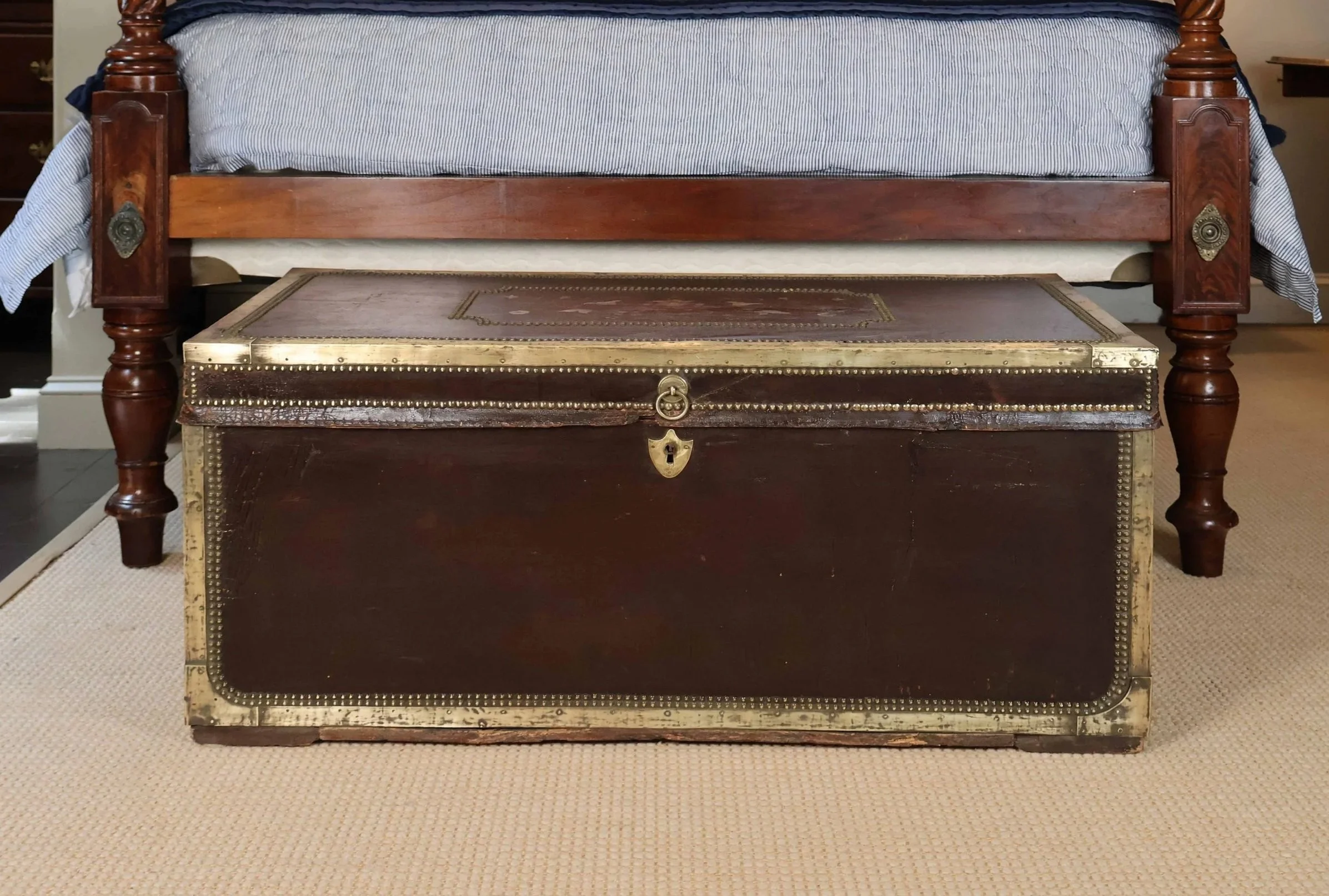 Leather Covered Camphorwood Chest, Brass Bound & Studded, 19th Century, Top has Floral-Painted Center Cartouche</p> SKU: LA-1030<p> </p><p>