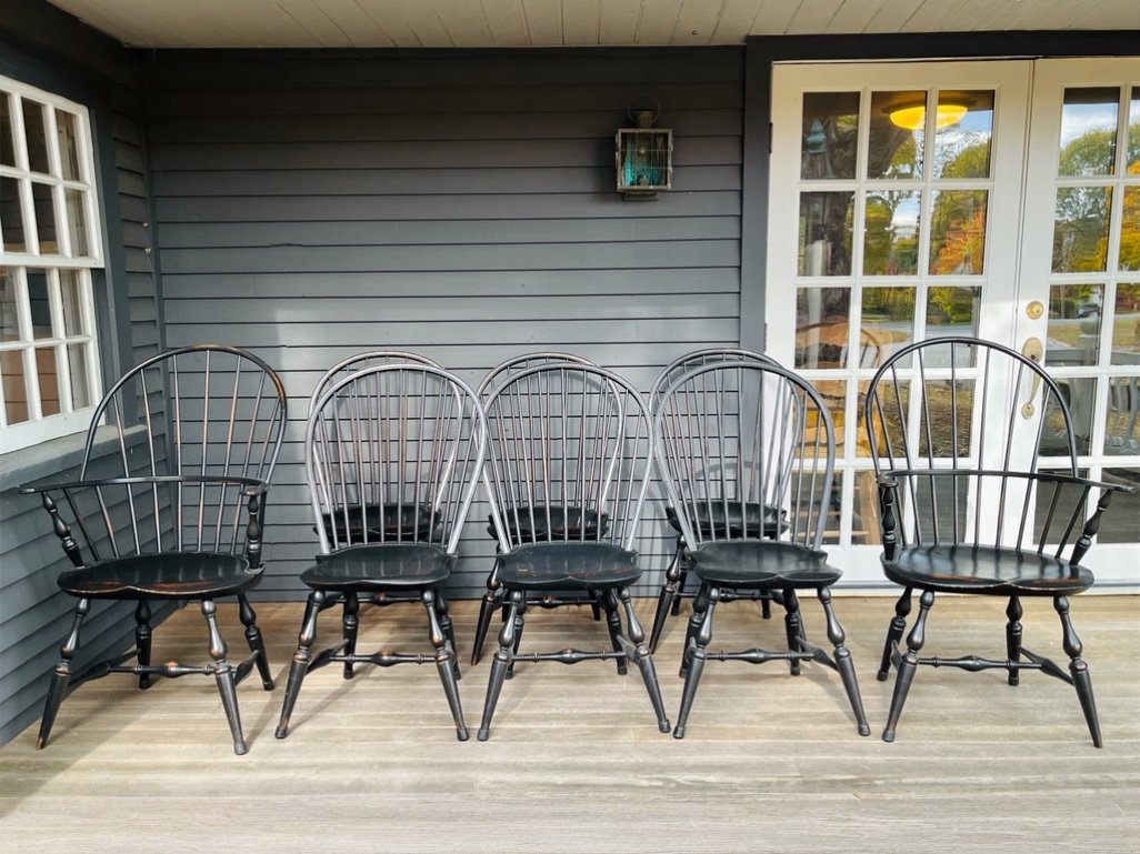Set of 8 Windsor Chairs in Black Paint over Umber, Maker: Warren Chair Works