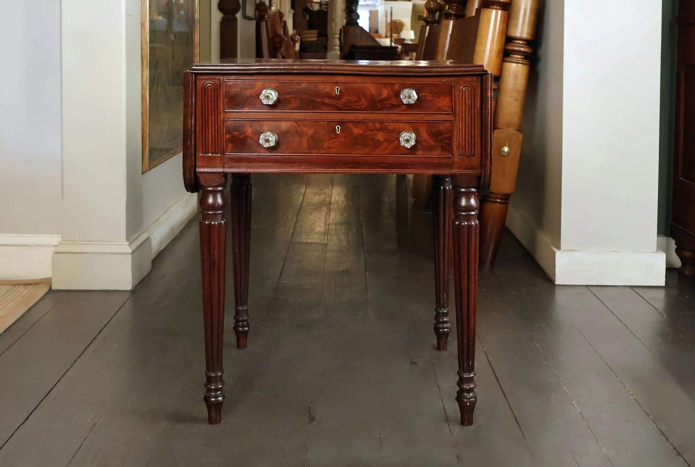 Empire 2 Drawer Drop Leaf Stand in Mahogany with Reeded Legs, Circa 1830, Original Glass Knobs</p> SKU: LA-986<p> </p><p>