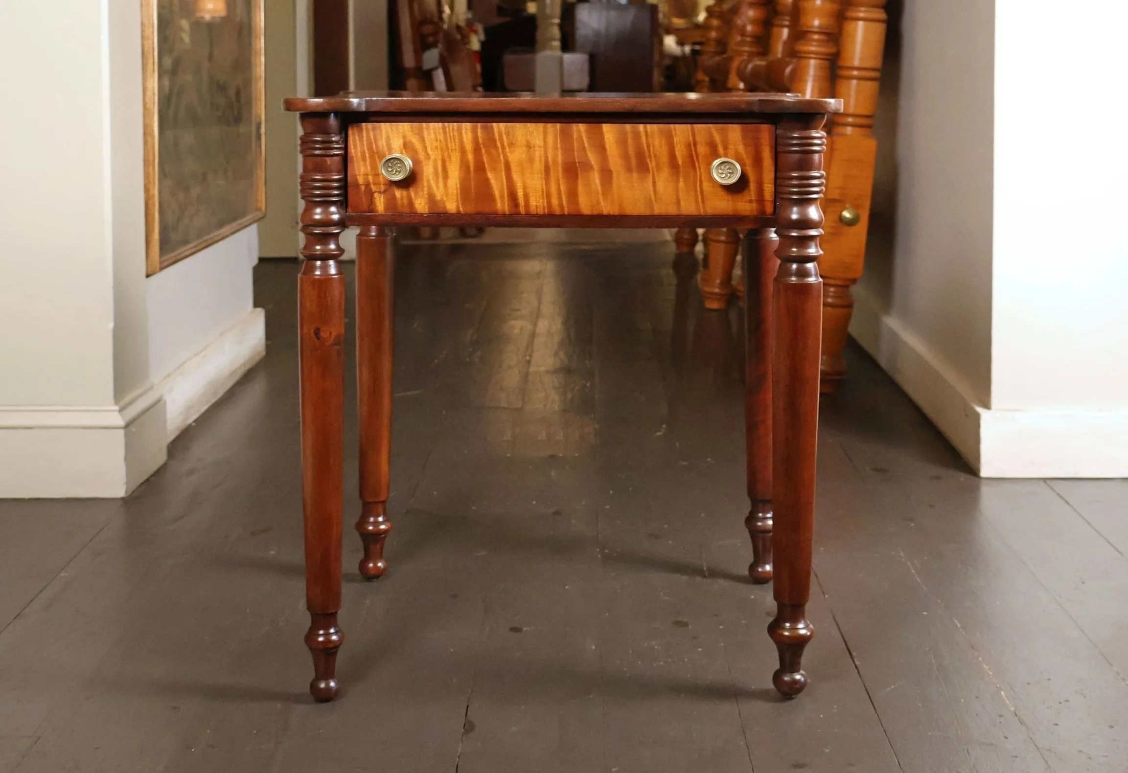 Sheraton One Drawer "Cookie-Corner" Stand in Cherry with Tiger Maple Drawer Front, Turned Tapered Legs, Circa 1820</p> SKU: LA-948<p> </p><p>