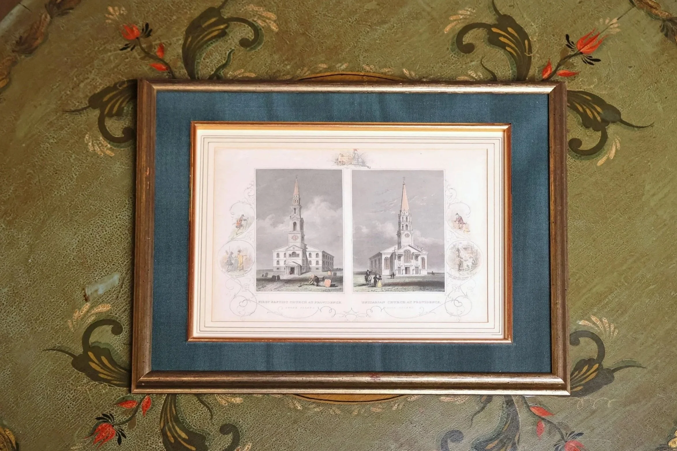 Historic Hand-Colored Engraving, Circa 1843, First Baptist Church & Unitarian Church, Providence RI surrounded by Historic Vignettes, Silk Mat with Custom Frame</p> SKU: LR061625B<p> </p><p>