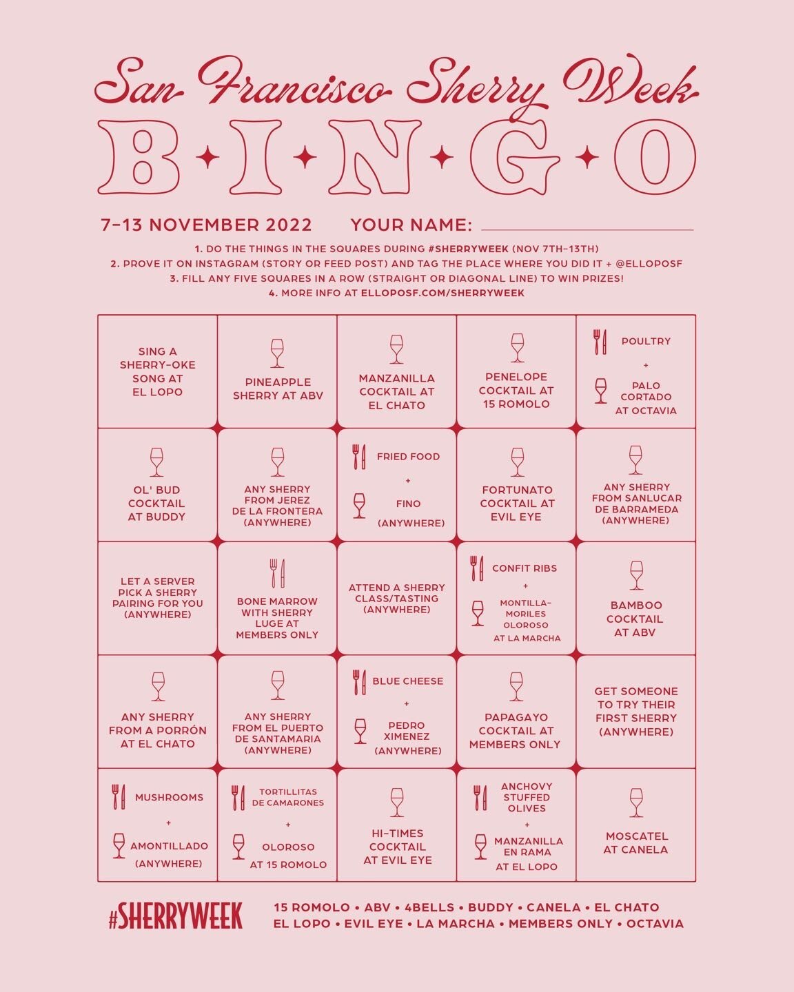 It&rsquo;s Sherry Week and we are excited to be playing Bingo with some of our favorite spots in the City! Come sip on some delicious Sherry cocktails, have fun, win prizes! #sherryweek