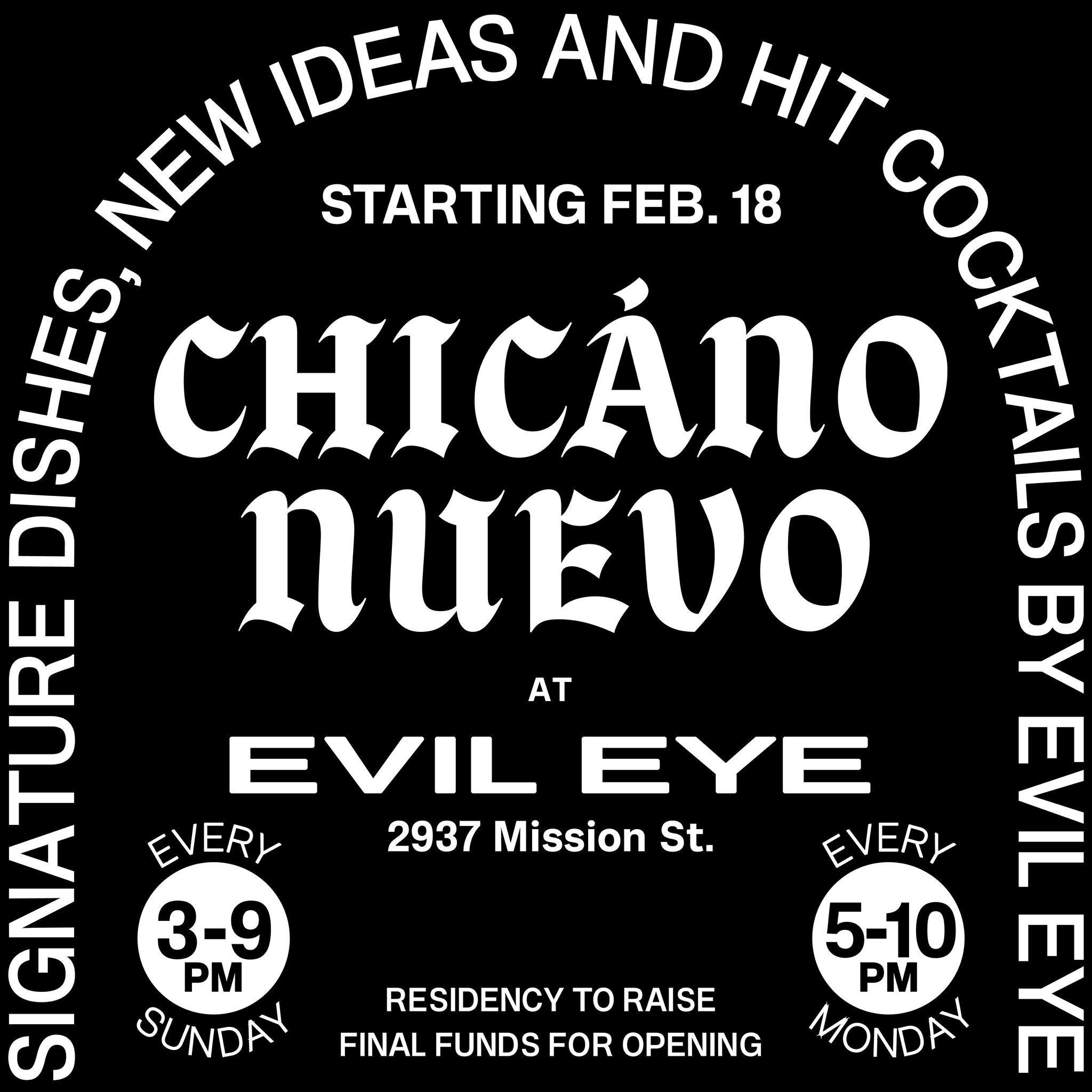 Fish tacos with consomm&eacute;? Check. Squid ink tamales? Check. Evil Eye cocktails? Also check. Starting tomorrow , we will be hosting the homies @chicano_nuevo on Sundays and Mondays for the next six weeks. Join us as we help them make the final p
