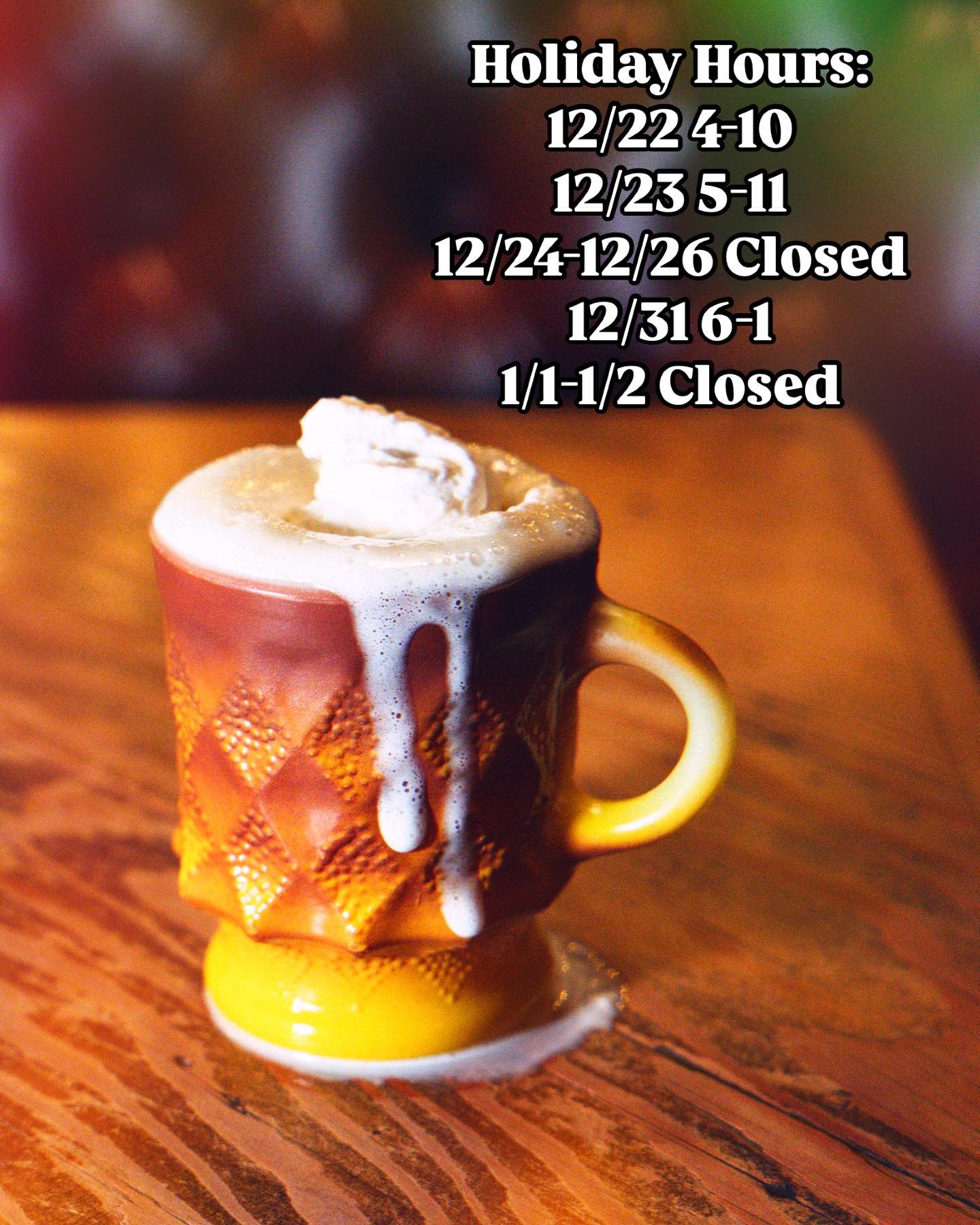 We are here for 2 more nights and then we will be closed for a few days for the hoilday. We will be back open Friday the 27th to gear up for NYE! Reservations are still available. Come grab some festive cocktails while they&rsquo;re still here! 📸by 