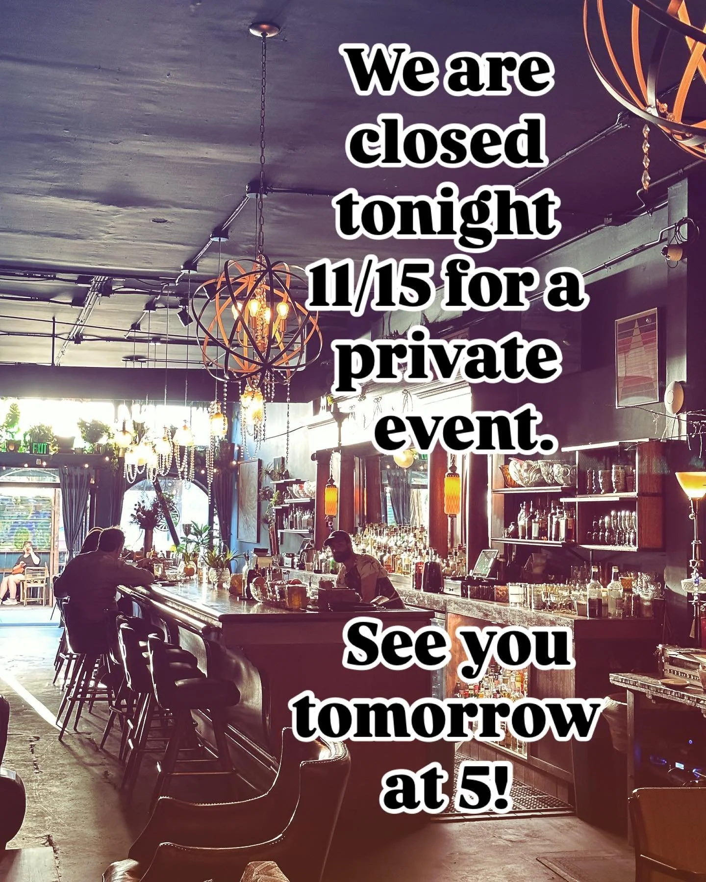 We are closed tonight, but we&rsquo;ll be back at it tomorrow at 5! PSA: we are a perfect spot for birthdays, receptions, company parties, and all of your gathering needs. Reach out to book your next event.