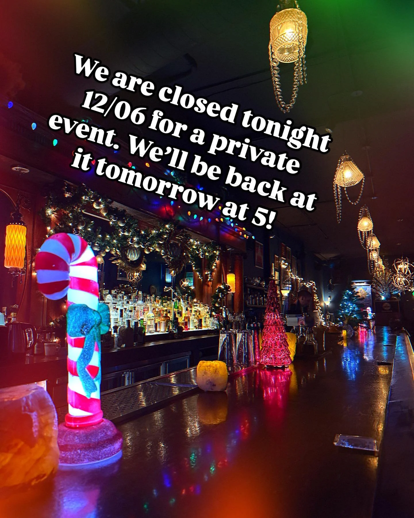 We are closed for a private event tonight 12/06. We&rsquo;ll be back tomorrow at 5 with some fun holiday cocktails and all the festiveness that you know and love. #christmasbars #missionbars #xmas #beautifuldrinks