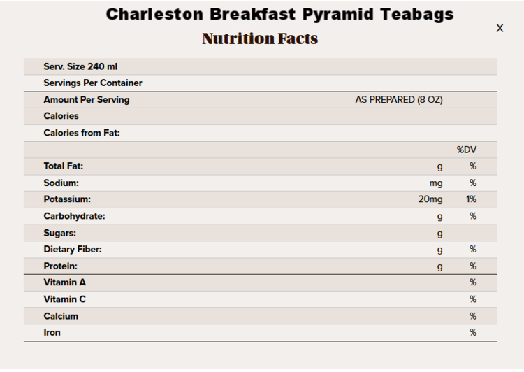 Charleston Breakfast pyramid tea nutritional info.png