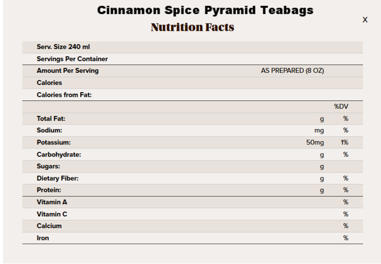 Cinnamon spice pyramid tea nutritional info.png