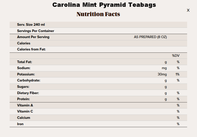 Carolina mint pyramid tea nutritional info.png