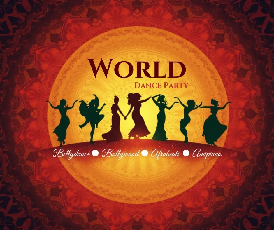 Silhouettes of women dancing together at a world dance party for women