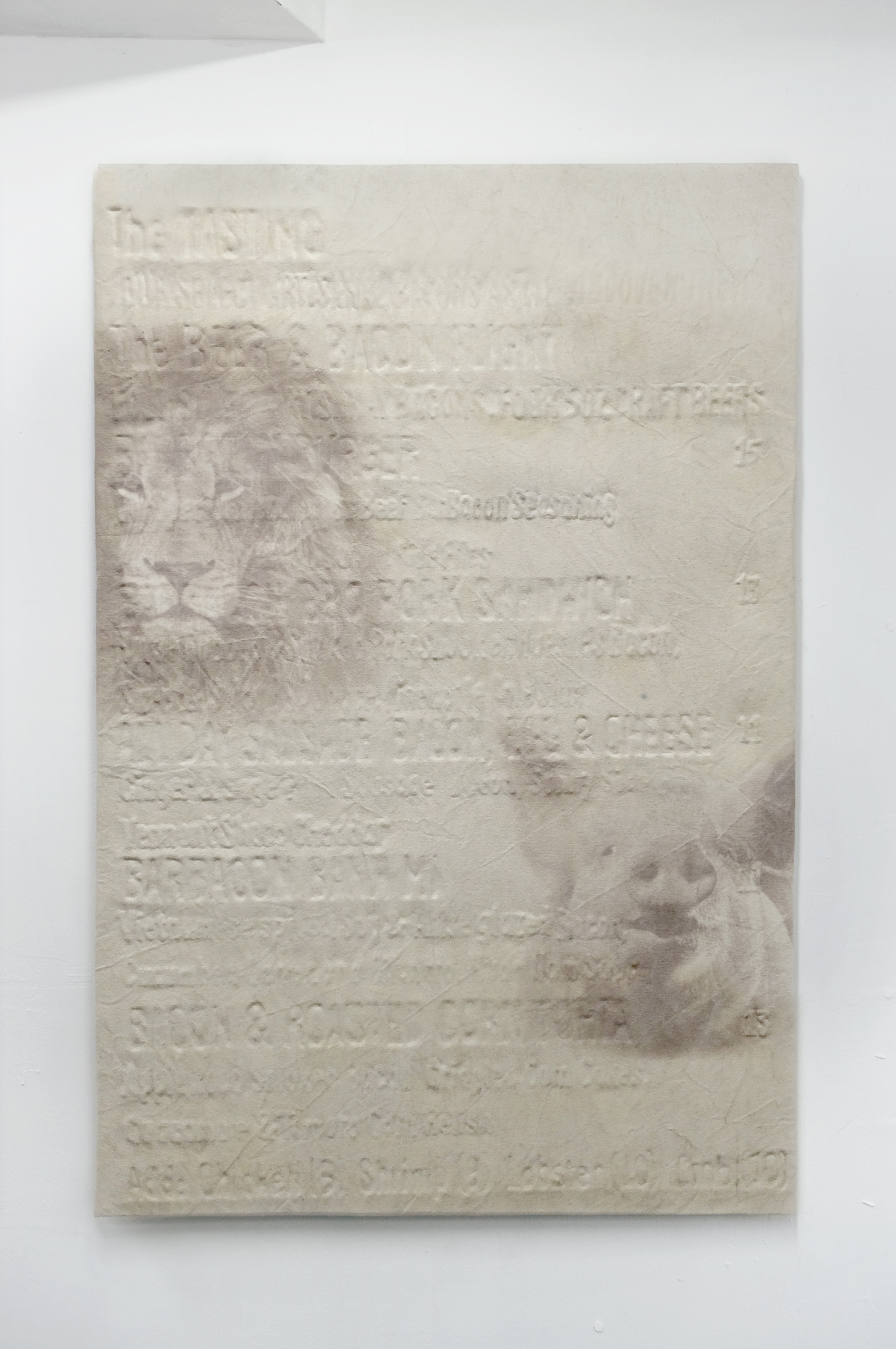  Michael Assiff,&nbsp; Untitled (Barbacon Menu, Babe and Cecil) ,&nbsp;plastic and ink on canvas,&nbsp;48 x 32 in 
