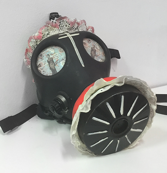  Tamara Gonzales,&nbsp; Gas Mask , 2006,&nbsp;gas mask with paint and fabric,&nbsp;approximately 21 x 16 x 6 in 