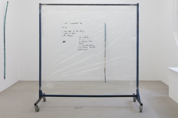  Win McCarthy,&nbsp; As certainly as I , 2014, inkjet print on acetate, poly-vinyl sheeting, PVC tape, clothing rack, 68 x 65.75 x 26 in 