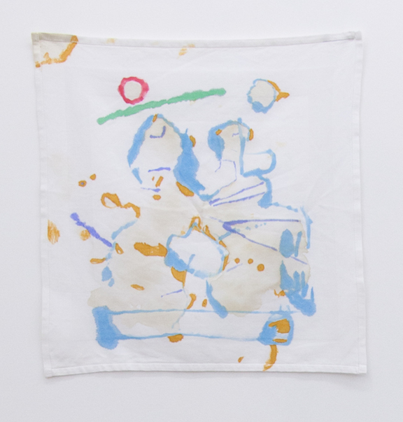  Ross Simonini,&nbsp; Anxiety Napkin 21 , 2014, ink, food, and beverage on cloth napkin, 17 x 17 in 