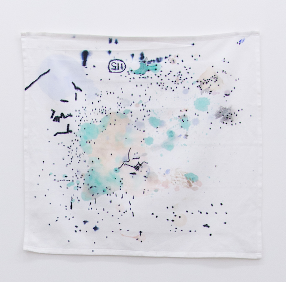  Ross Simonini,&nbsp; Anxiety Napkin 22 , 2014, ink, food, and beverage on cloth napkin, 19 x 21 in 