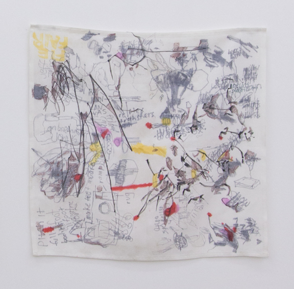  Ross Simonini,&nbsp; Anxiety Napkin 24 , 2014, ink, food, and beverage on cloth napkin, 20 x 20 in 