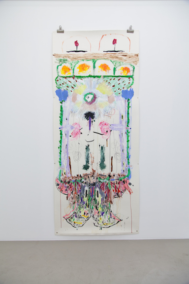  Ross Simonini,&nbsp; Getting in touch with my Sympathetic Nervous System , 2013, pencil, ink, turmeric, cinnamon, green tea and acrylic on paper, 86 x 36 in 