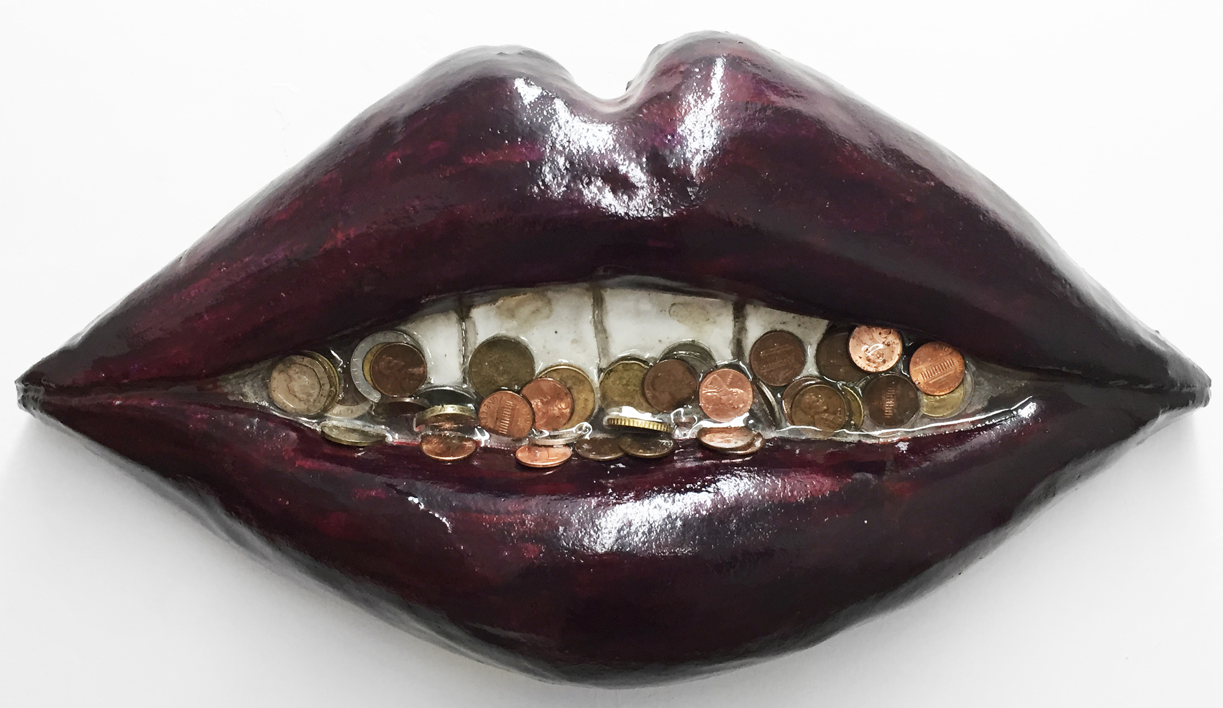 Liz Craft,&nbsp; Big Mouth II , 2013,&nbsp;ceramic, coins, epoxy,&nbsp;8.5 x 17.5 x 4.5 in    