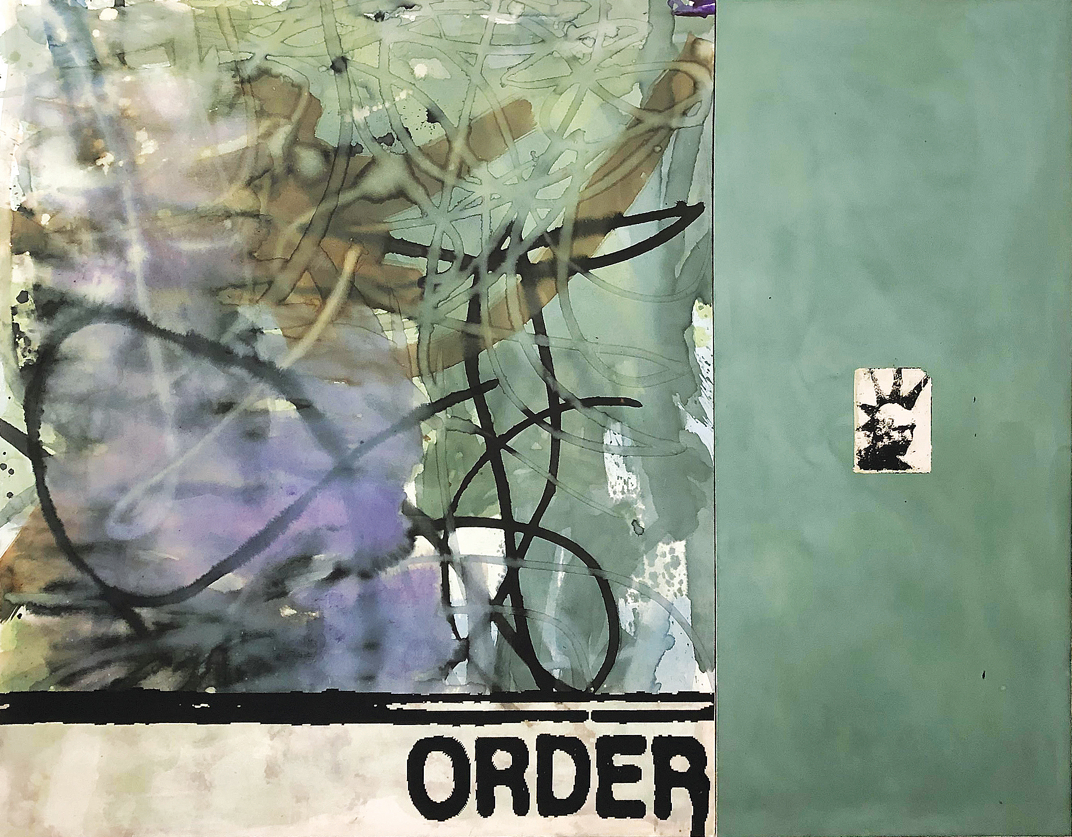   Order_1_CrustKid , 2021, ink, silkscreen, and bleach on canvas, 72 x 90 in. 