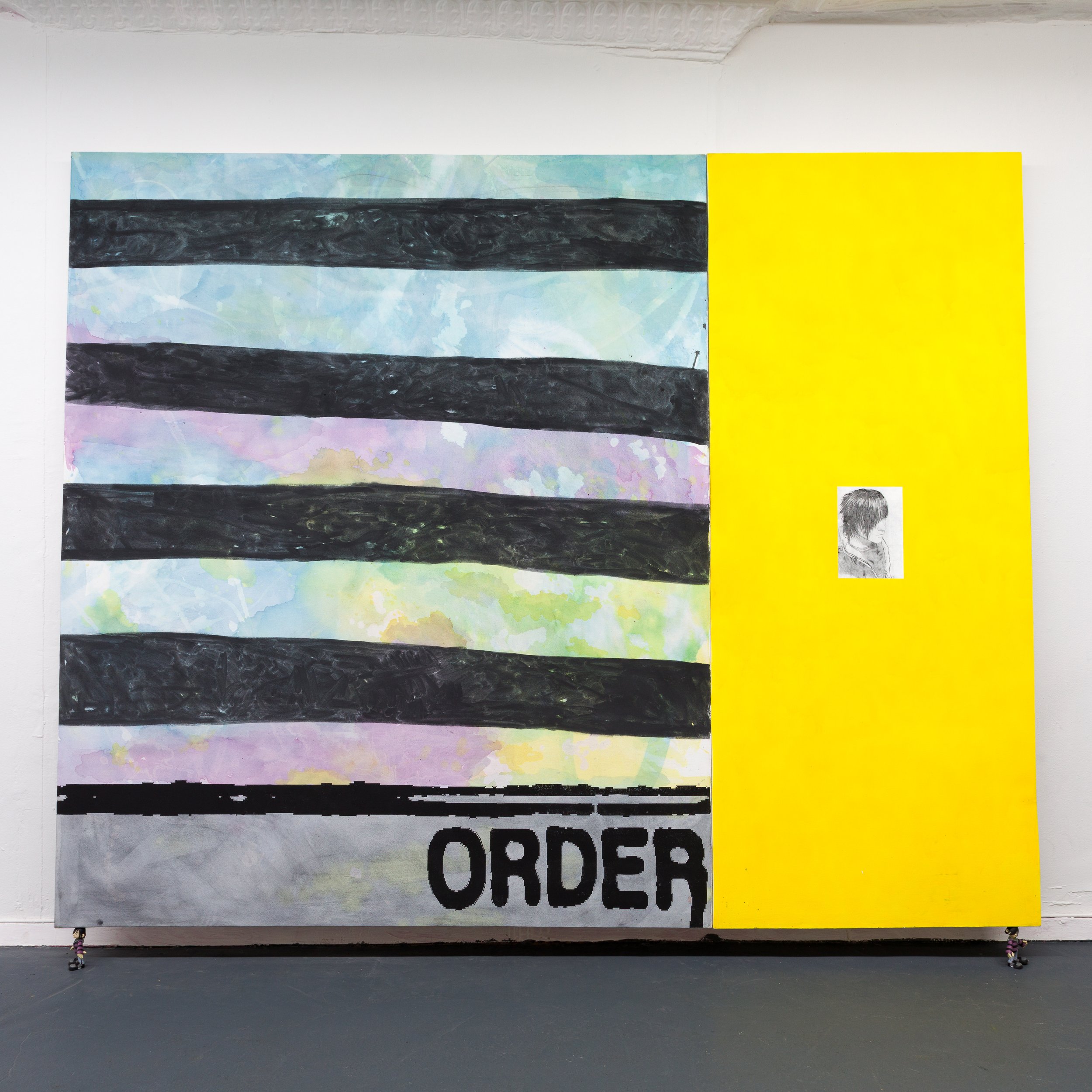   AJ Kahn,   Order_3_RawrXD , 2022, Ink, silkscreen, and charcoal on canvas, 72 x 90 in, 182.9 x 228.6 cm 