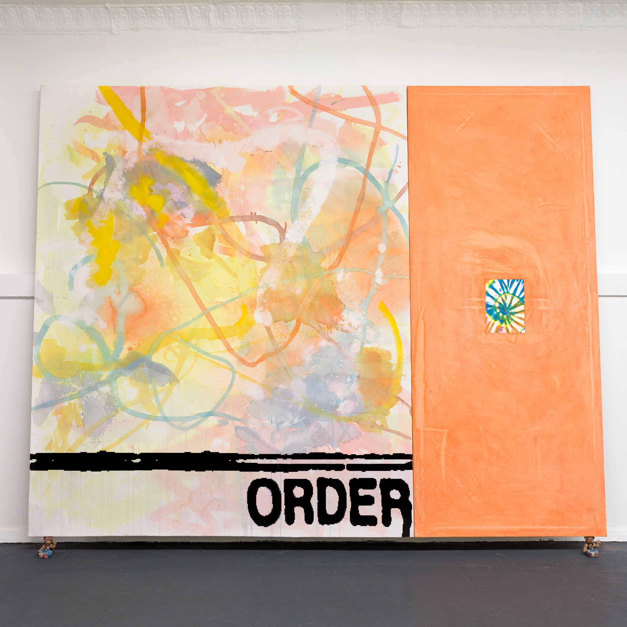   AJ Kahn,   Order_4_60's , 2022, Ink, silkscreen, and bleach on canvas, 72 x 90 in, 182.9 x 228.6 cm 