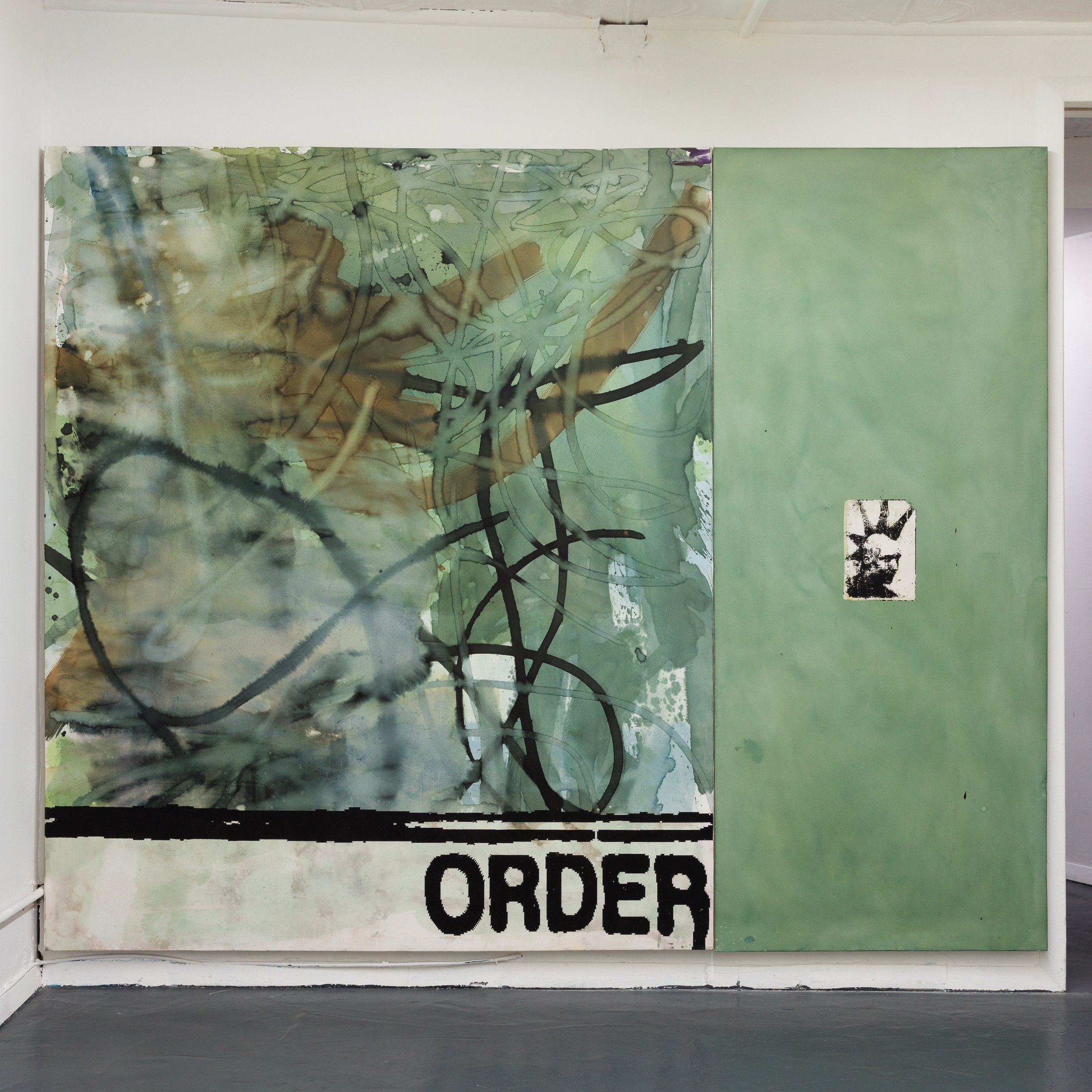   AJ Kahn,   Order_1_CrustKid , 2021, Ink, silkscreen, and bleach on canvas, 72 x 90 in, 182.9 x 228.6 cm. 